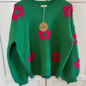 BiBi Green Sweater with Pink Floral Accents